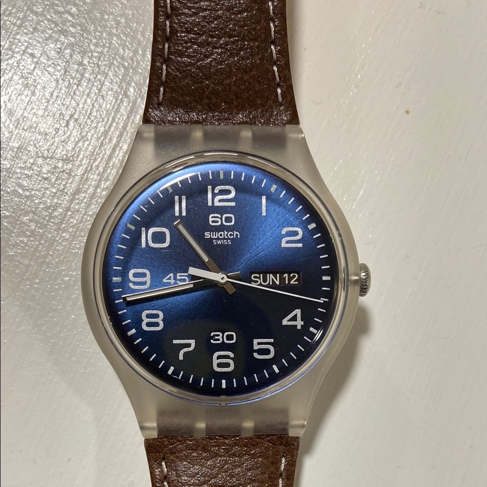 Swatch Blue Dial Watch with Brown Leather Strap